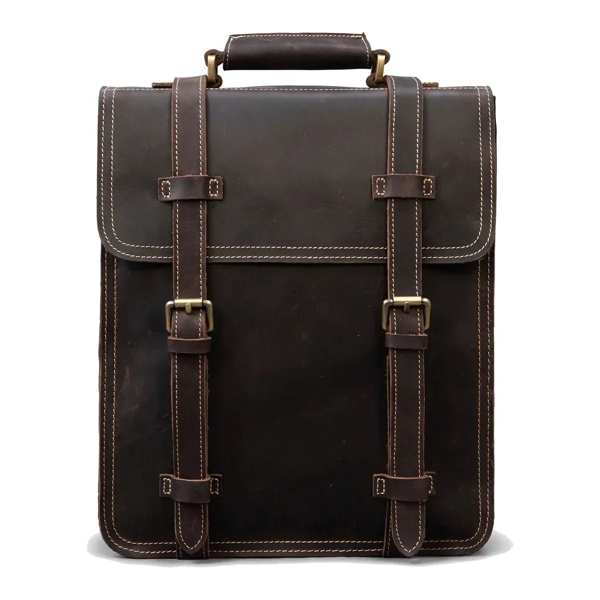 Men’s Convertible Leather Backpack - Crazy Horse 3-Way Top Handle Pack - Double Strap / Dark Brown