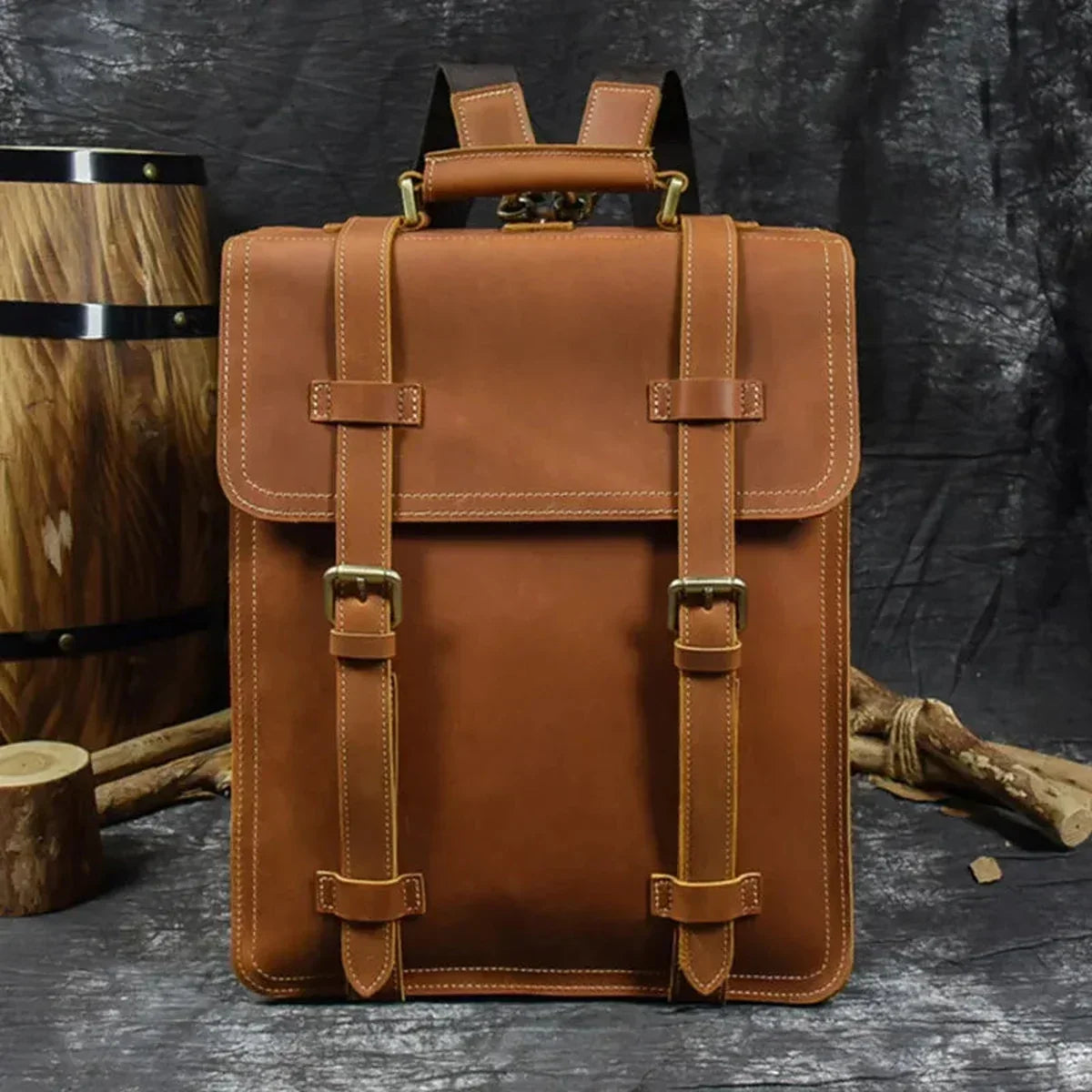 Men’s Convertible Leather Backpack - Crazy Horse 3-Way Top Handle Pack - Double Strap / Tan