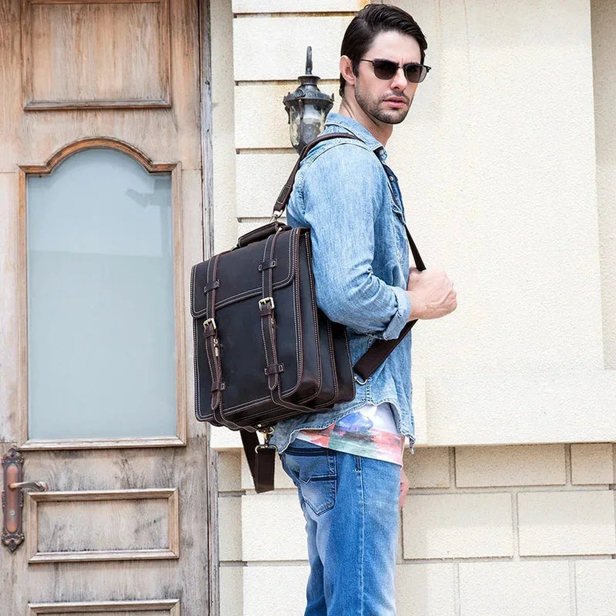 Men’s Convertible Leather Backpack - Crazy Horse 3-Way Top Handle Pack