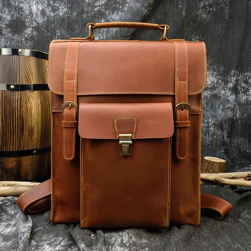 Men’s Convertible Leather Backpack - Crazy Horse 3-Way Top Handle Pack - Front Pocket / Tan