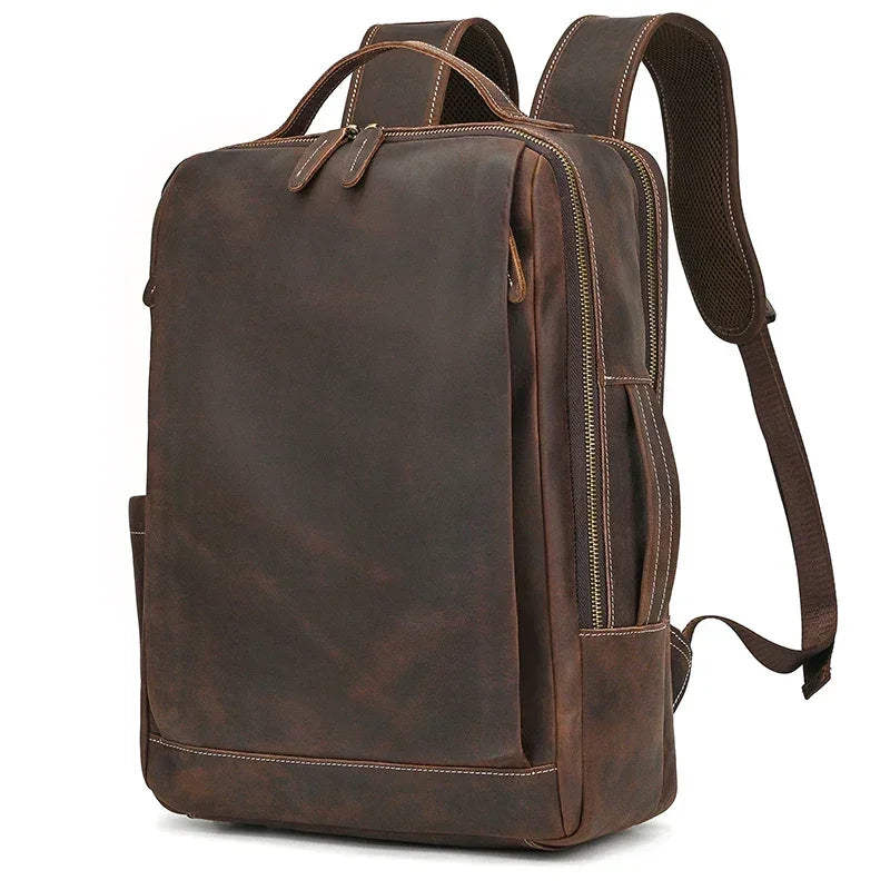 Men’s Crazy Horse Leather Backpack - 15-Inch Laptop Bag - Brown