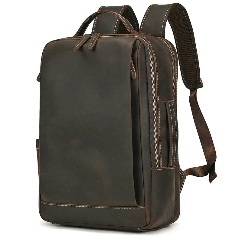 Men’s Crazy Horse Leather Backpack - 15-Inch Laptop Bag - Dark brown