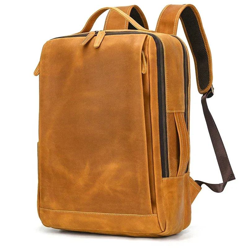 Men’s Crazy Horse Leather Backpack - 15-Inch Laptop Bag - Light brown