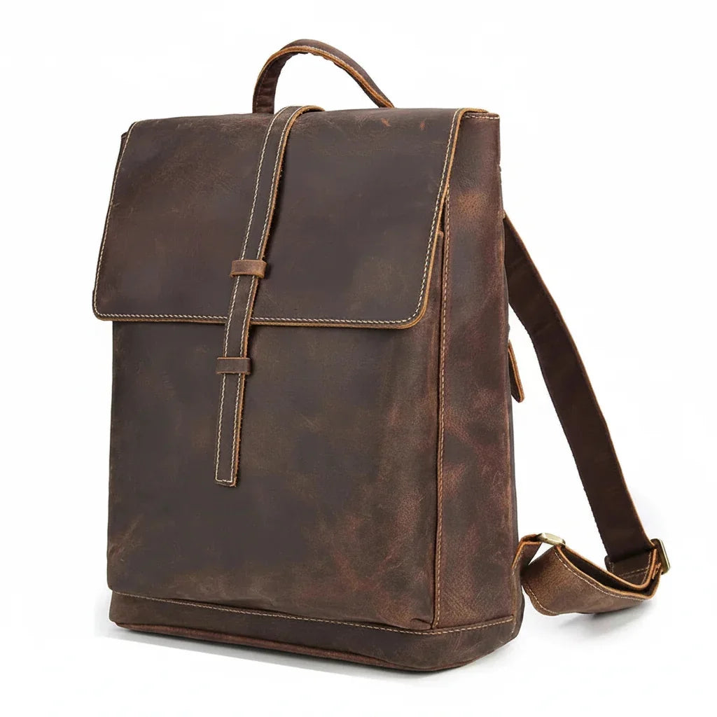 Men’s Crazy Horse Leather Backpack - Flap Closure 13’’ Laptop Bag