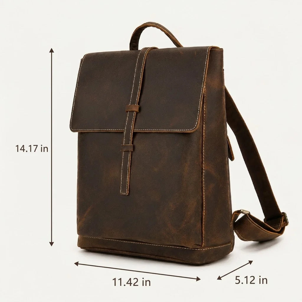 Men’s Crazy Horse Leather Backpack - Flap Closure 13’’ Laptop Bag
