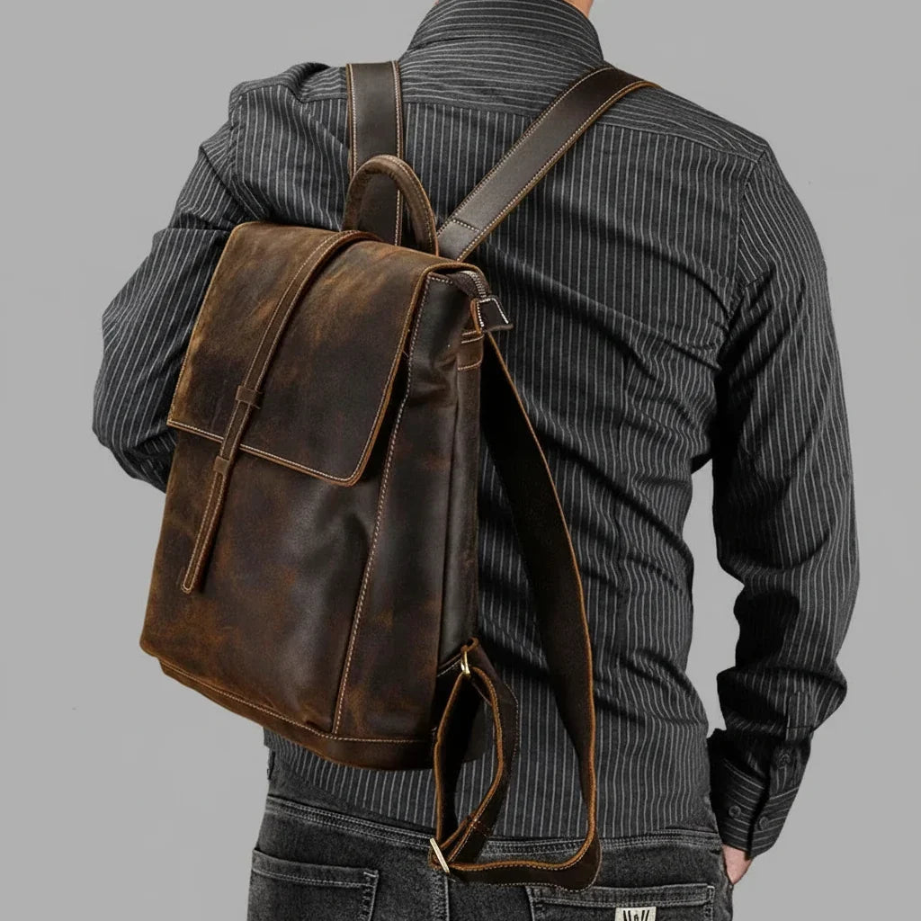 Men’s Crazy Horse Leather Backpack - Flap Closure 13’’ Laptop Bag