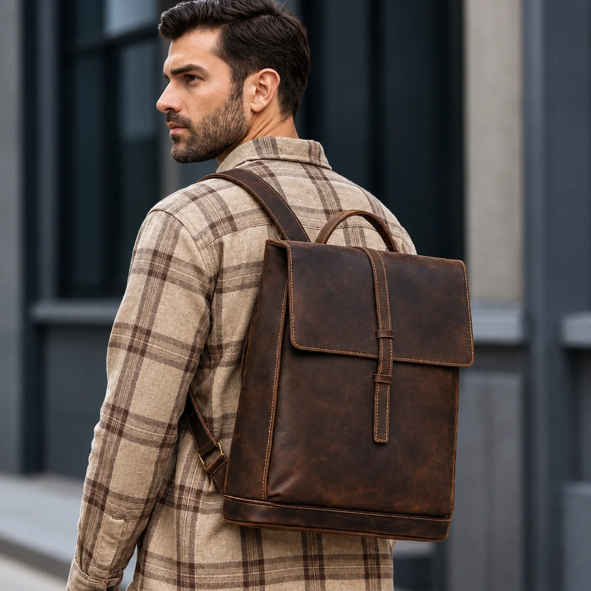 Men’s Crazy Horse Leather Backpack - Flap Closure 13’’ Laptop Bag