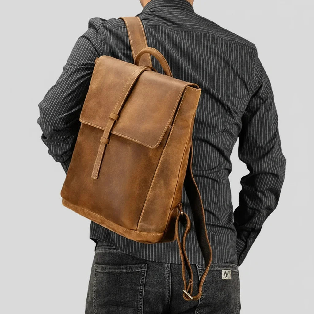 Men’s Crazy Horse Leather Backpack - Flap Closure 13’’ Laptop Bag