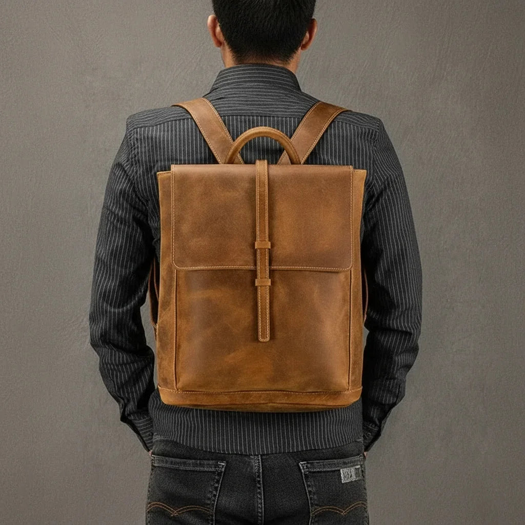 Men’s Crazy Horse Leather Backpack - Flap Closure 13’’ Laptop Bag