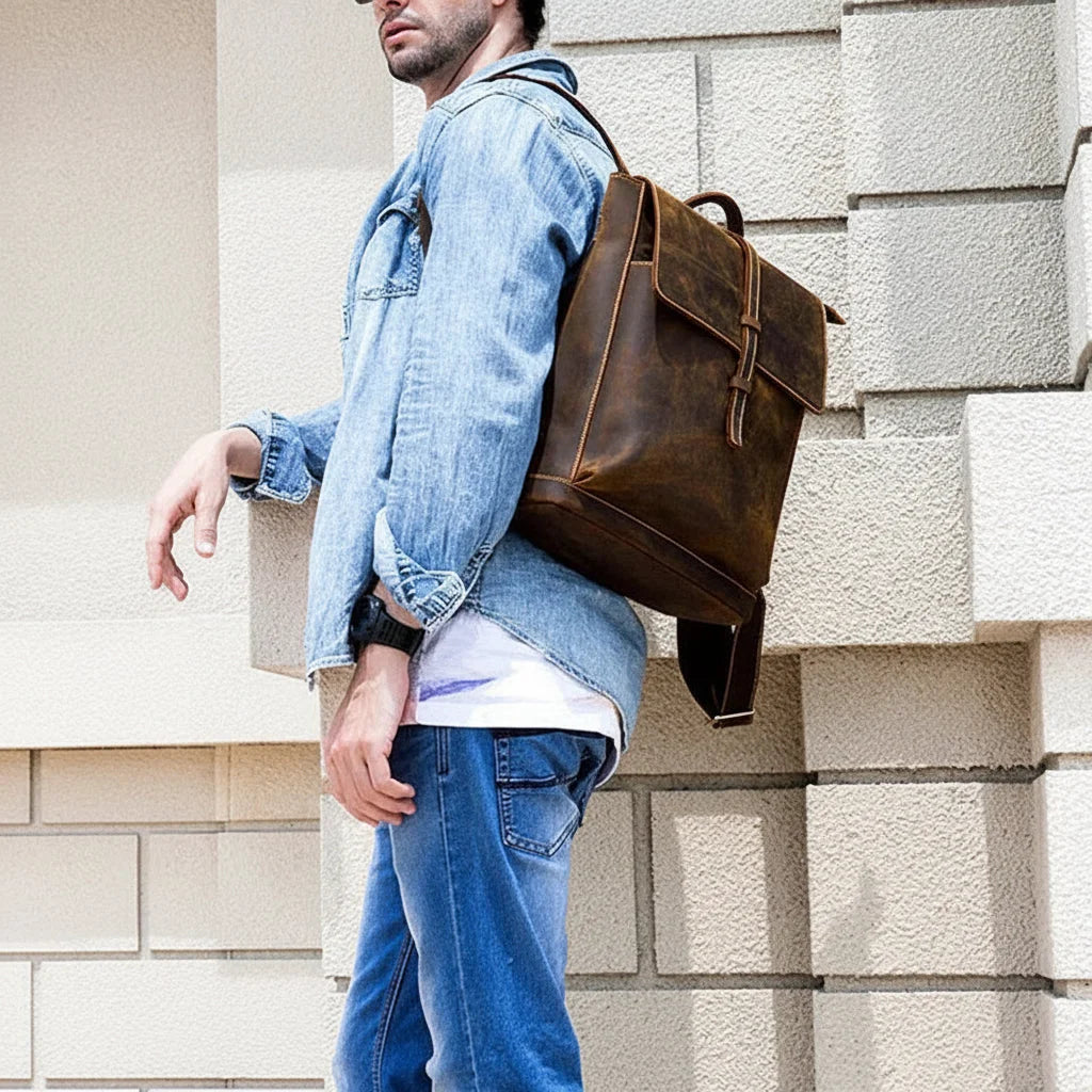 Men’s Crazy Horse Leather Backpack - Flap Closure 13’’ Laptop Bag