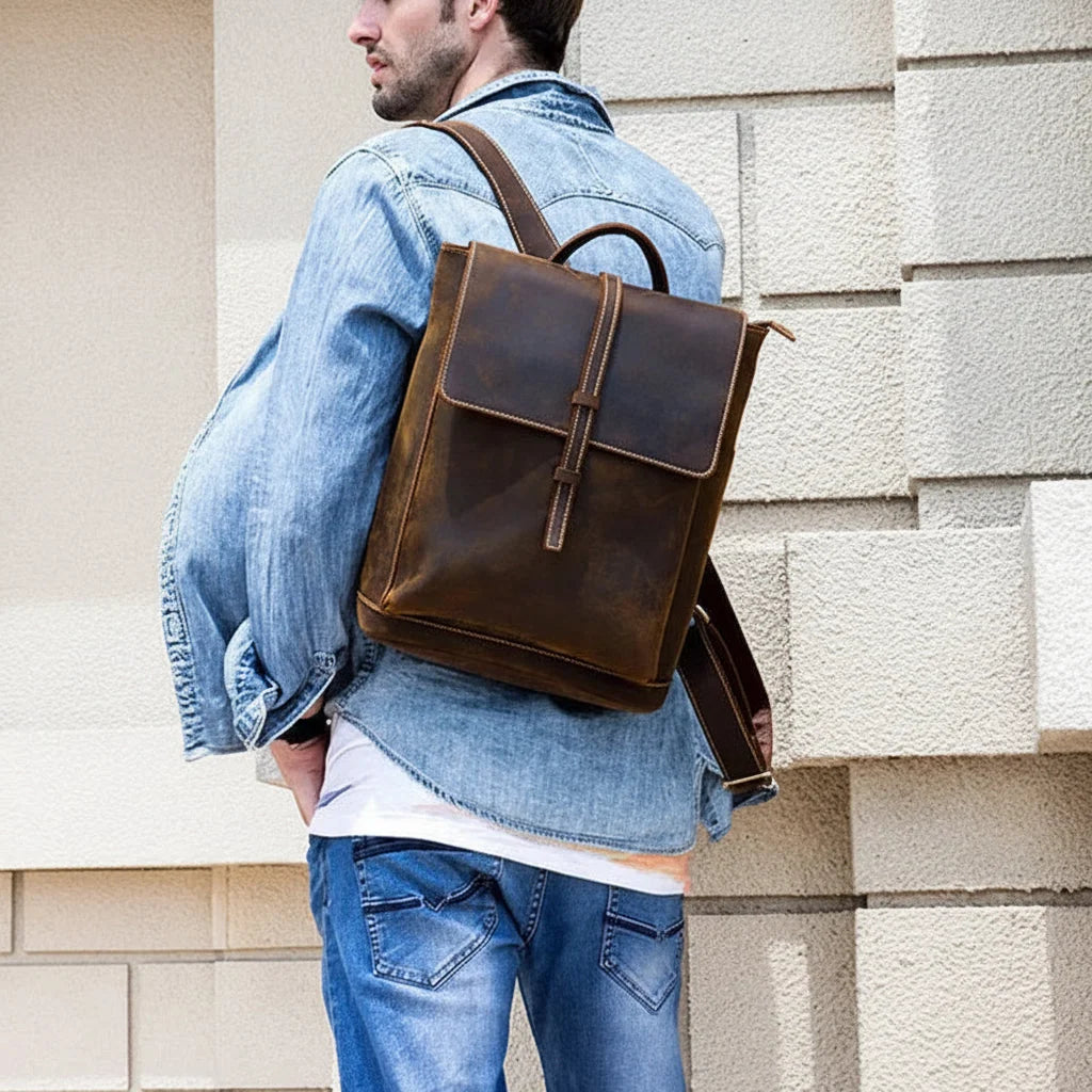 Men’s Crazy Horse Leather Backpack - Flap Closure 13’’ Laptop Bag