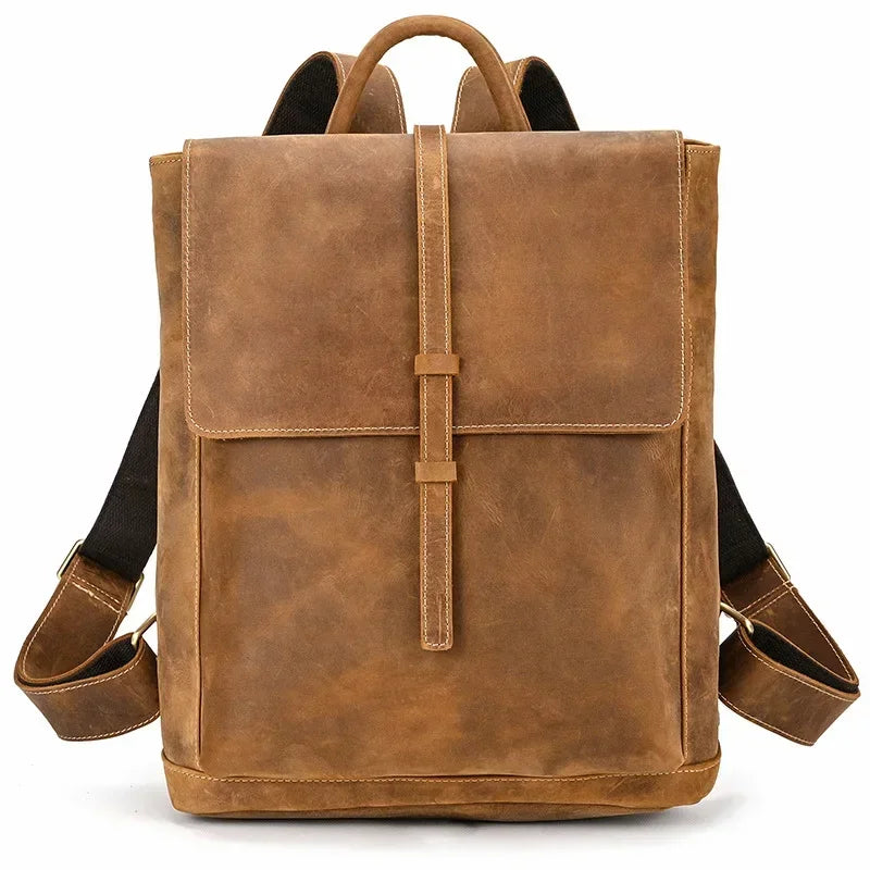 Men’s Crazy Horse Leather Backpack - Flap Closure 13’’ Laptop Bag - Brown