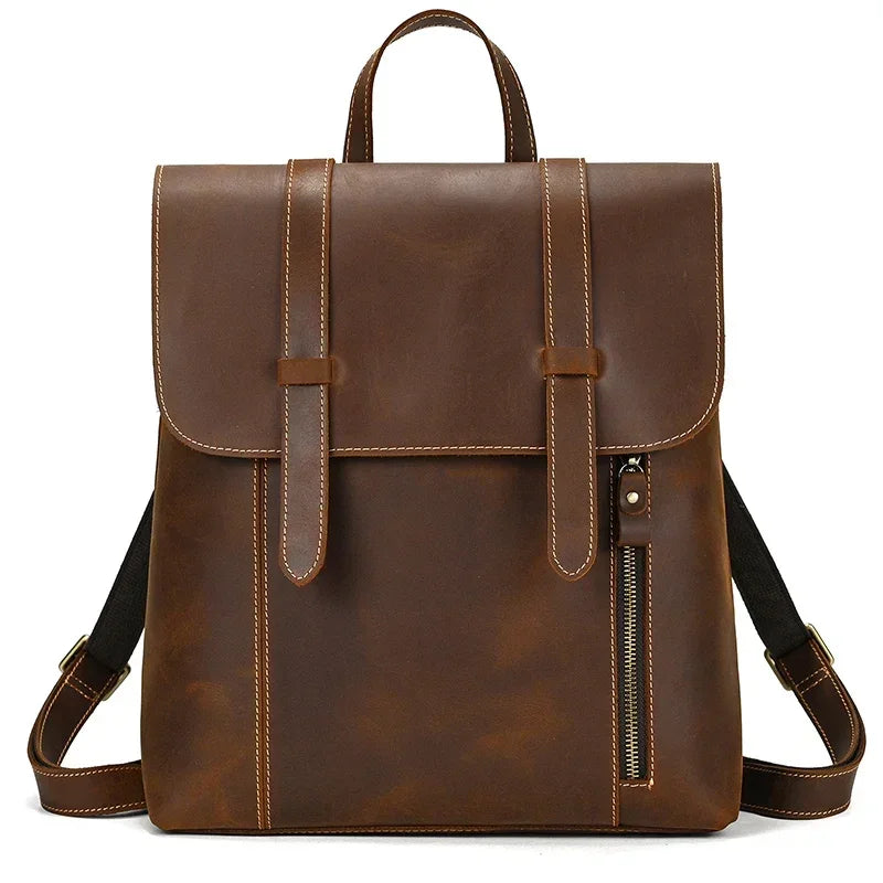 Men's crazy horse leather backpack with flap front design in brown
