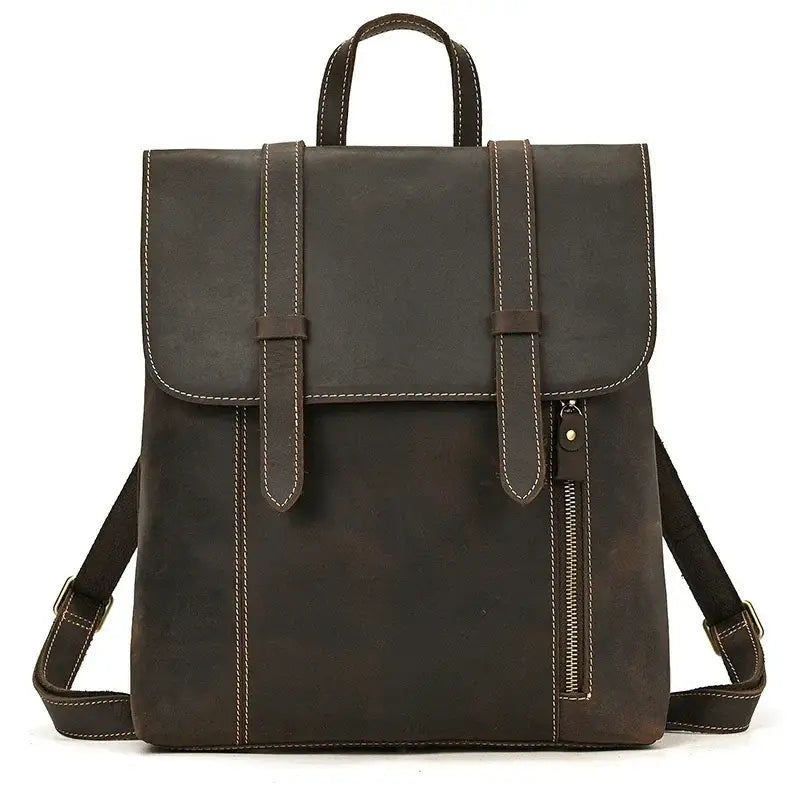 Men’s Crazy Horse Leather Backpack – Flap Front Design - Dark brown