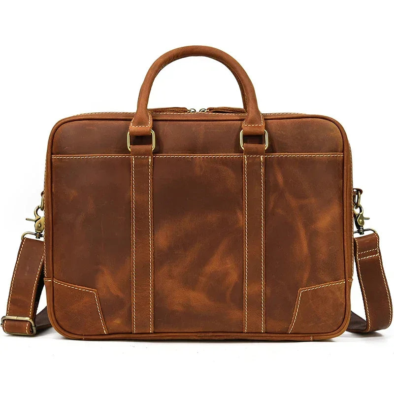 Men's crazy horse leather briefcase in brown with double compartment