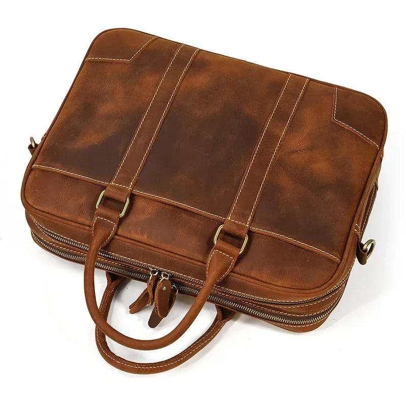 Men’s Crazy Horse Leather Briefcase – Brown Double Compartment