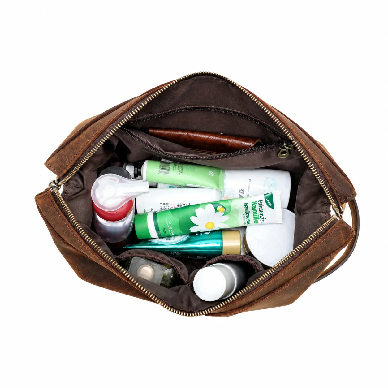 Men’s Crazy Horse Leather Toiletry Bag - Large Dopp Kit - Brown
