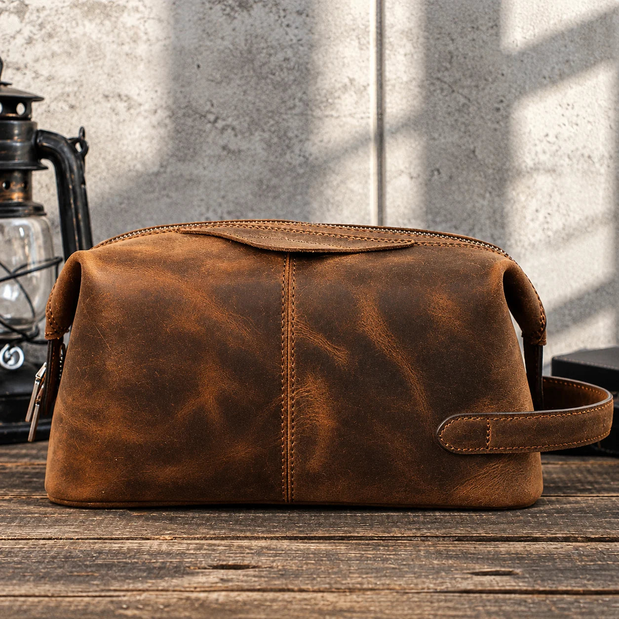 Men’s Crazy Horse Leather Toiletry Bag - Large Dopp Kit - Brown
