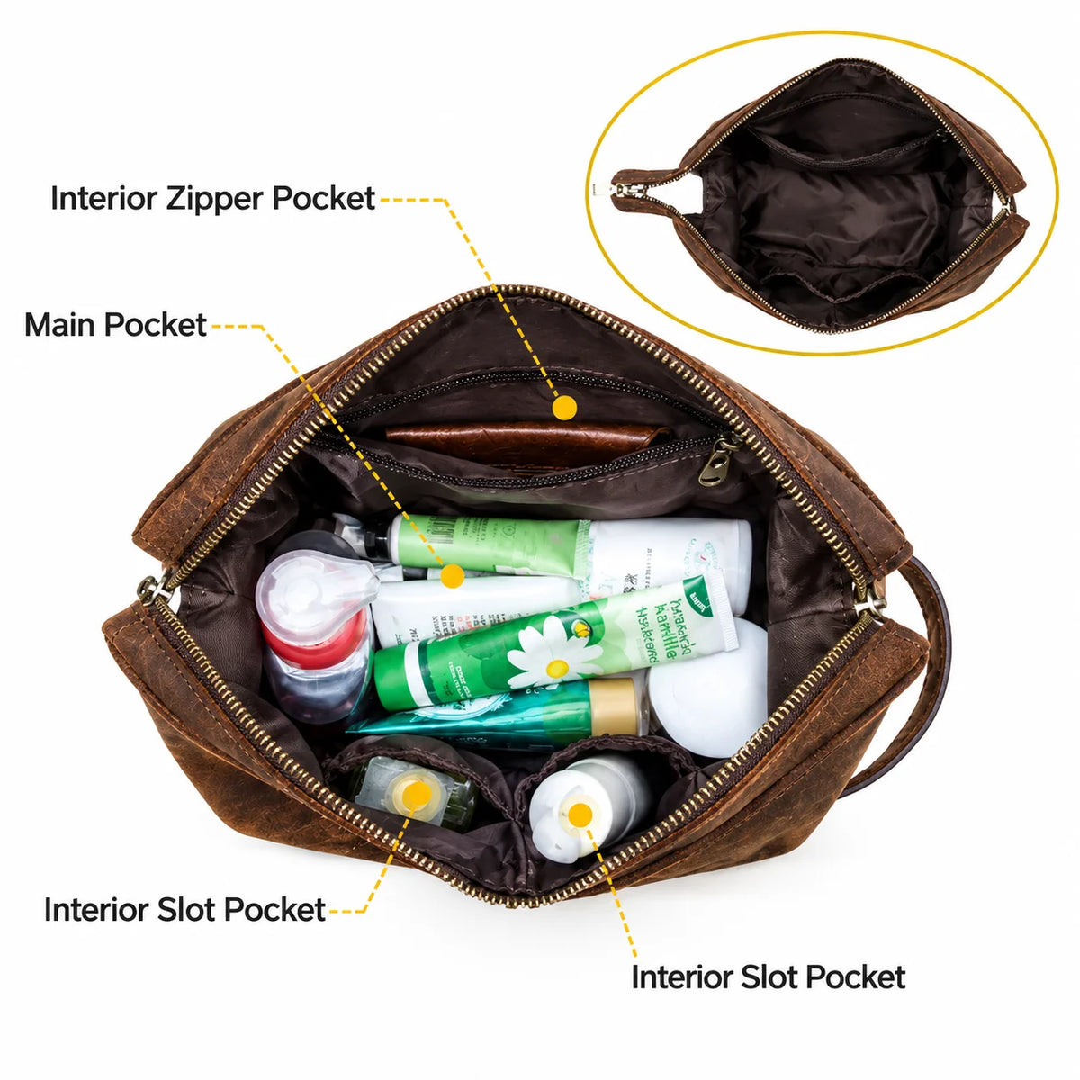 Men’s Crazy Horse Leather Toiletry Bag - Large Dopp Kit - Brown