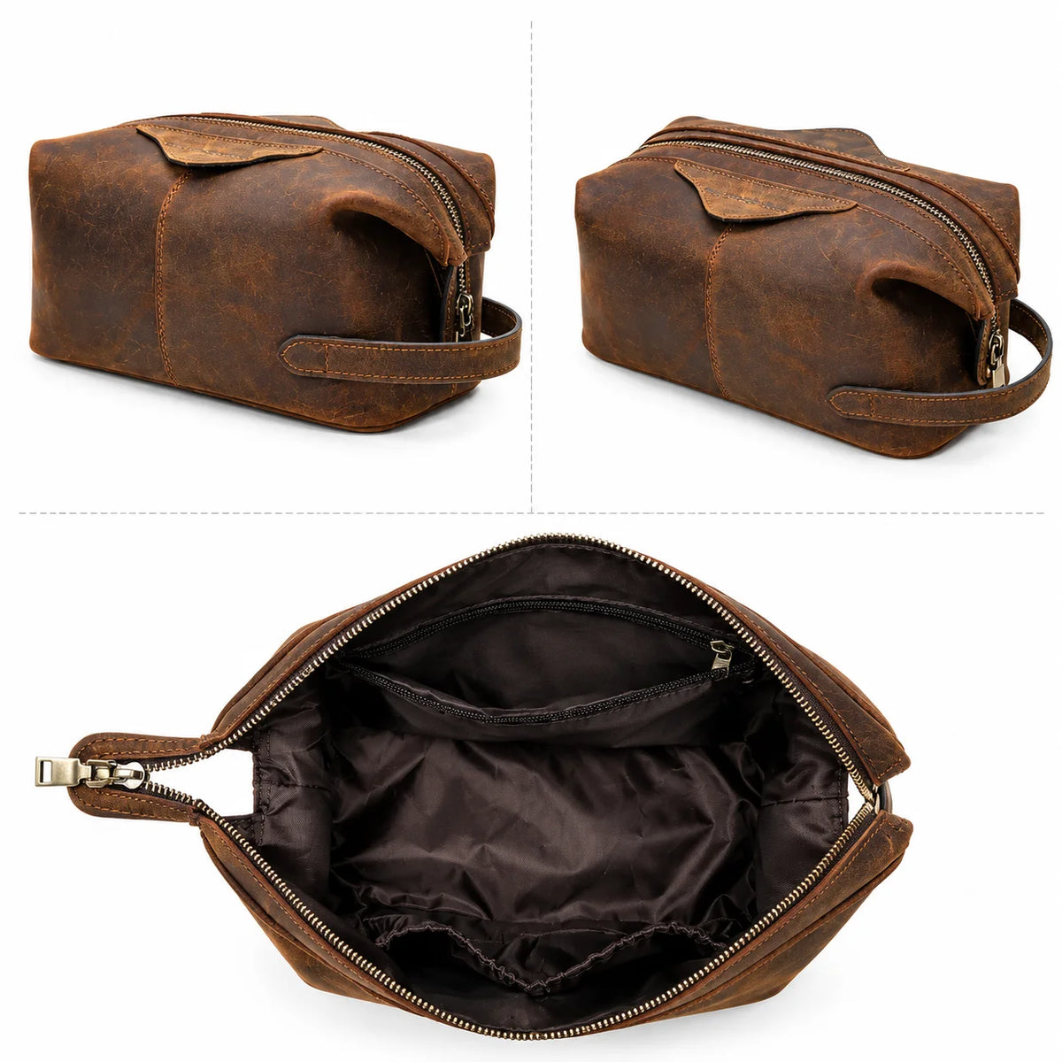 Men’s Crazy Horse Leather Toiletry Bag - Large Dopp Kit - Brown