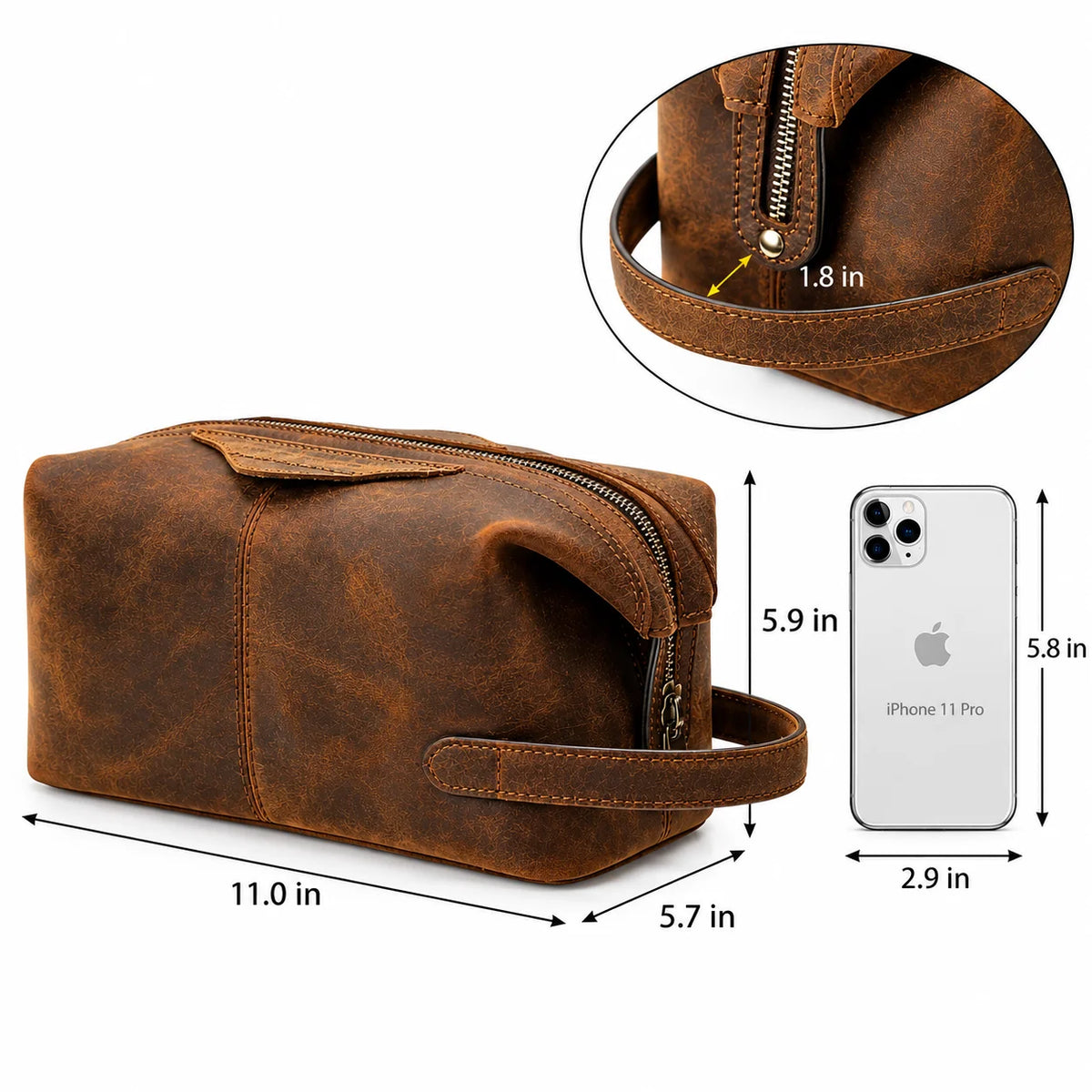 Men’s Crazy Horse Leather Toiletry Bag - Large Dopp Kit - Brown