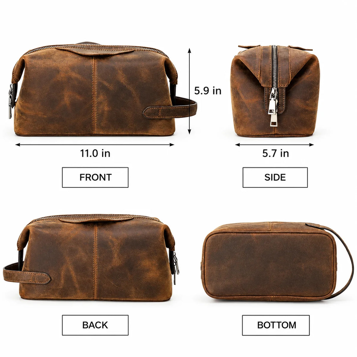 Men’s Crazy Horse Leather Toiletry Bag - Large Dopp Kit - Brown