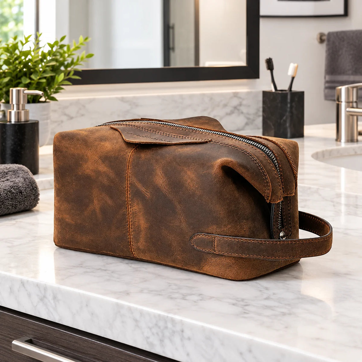 Men’s Crazy Horse Leather Toiletry Bag - Large Dopp Kit - Brown