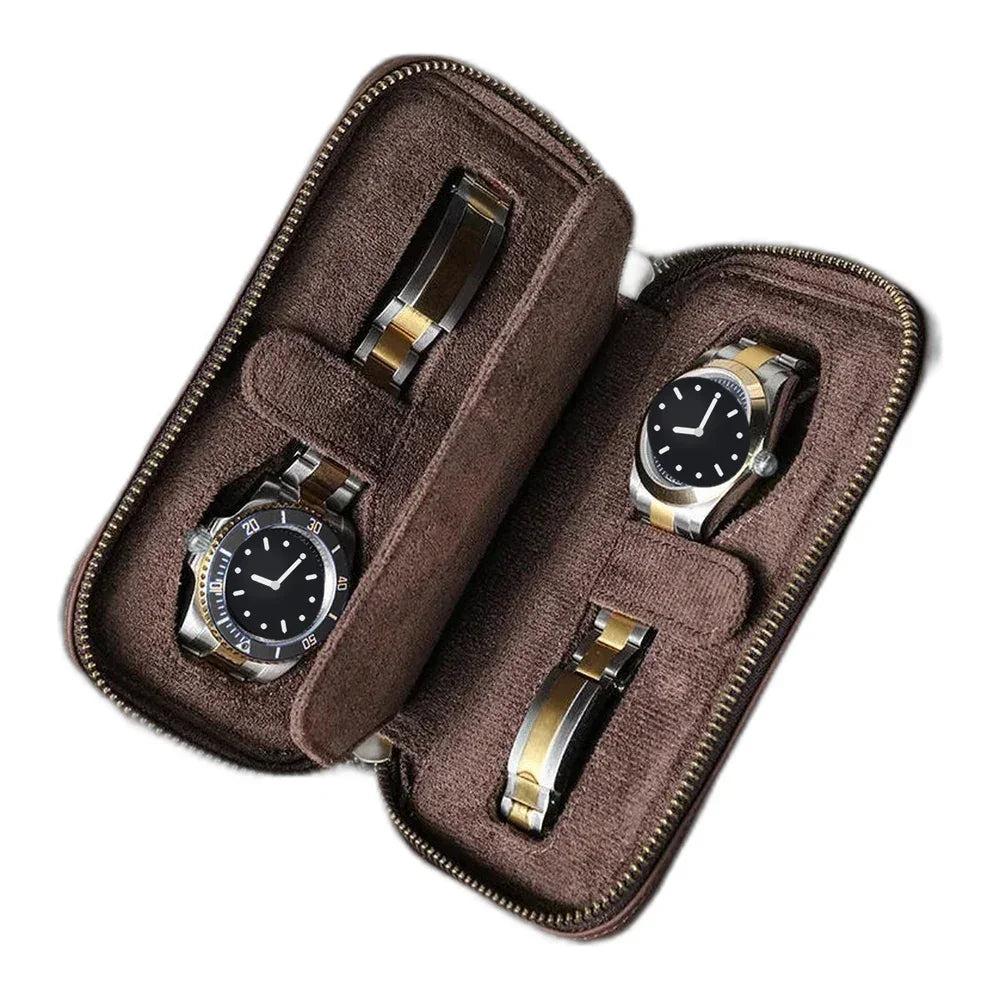 Zippered Crazy Horse Leather Watch Travel Case with Wrist Strap