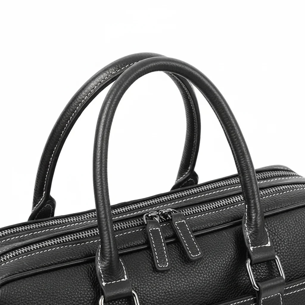 Men’s Double-Zip Leather Briefcase - Black Pebbled Cowhide with Document Section