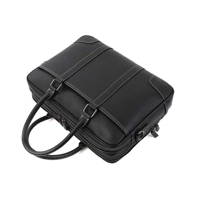 Men’s Double-Zip Leather Briefcase - Black Pebbled Cowhide with Document Section