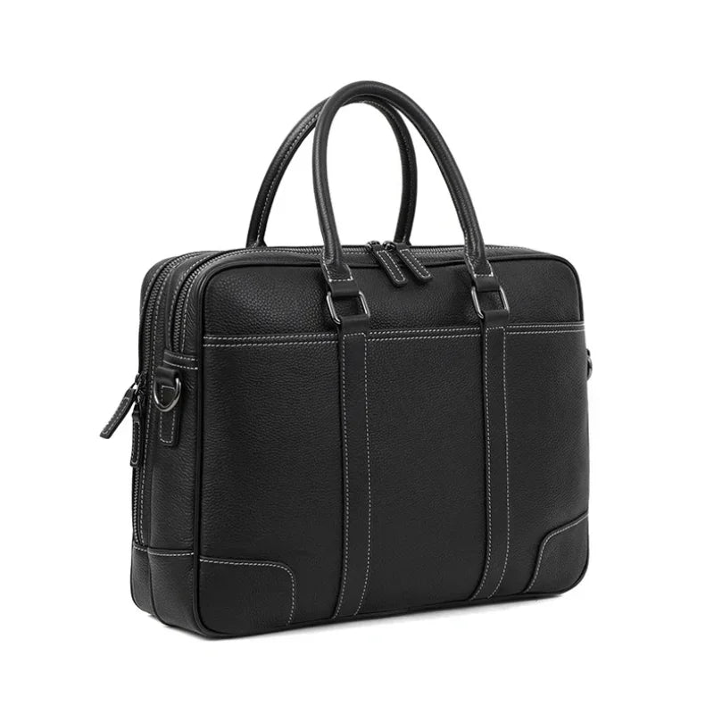 Men’s Double-Zip Leather Briefcase - Black Pebbled Cowhide with Document Section