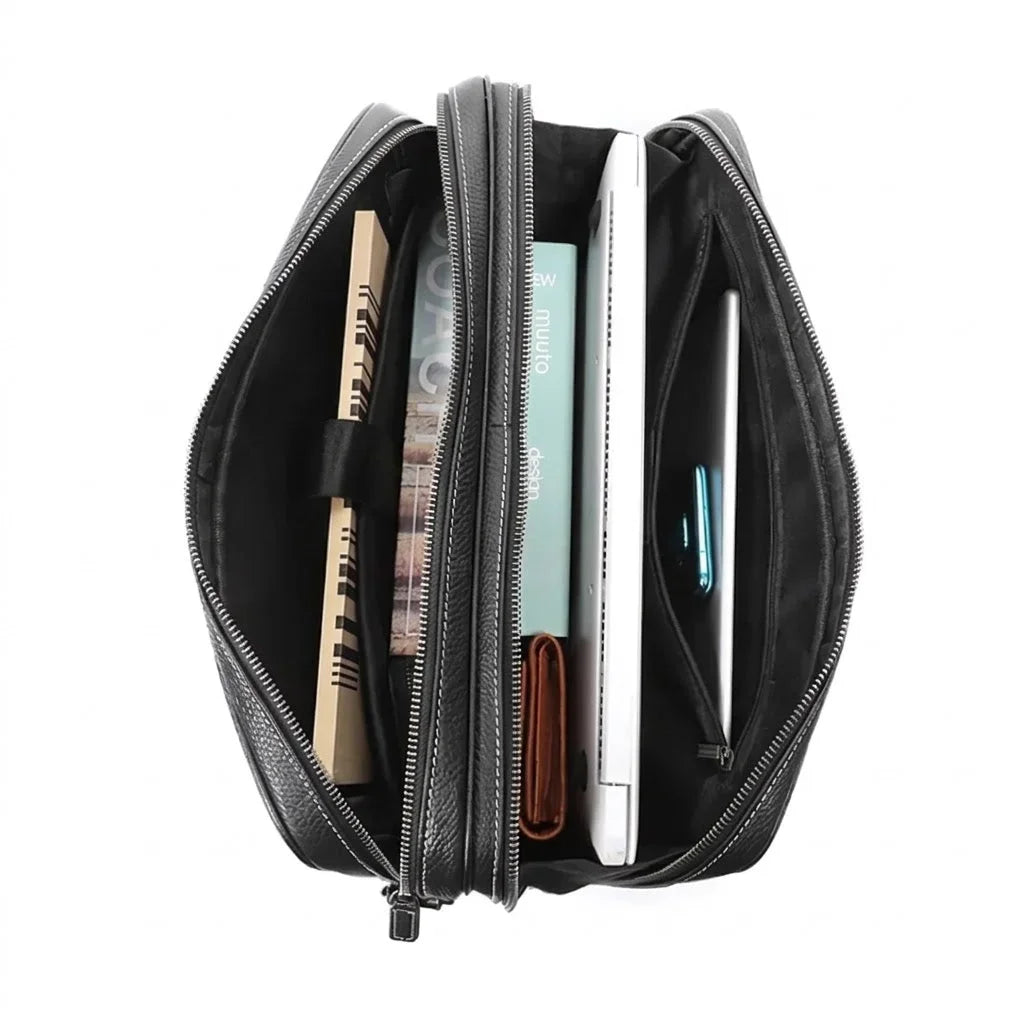 Men’s Double-Zip Leather Briefcase - Black Pebbled Cowhide with Document Section