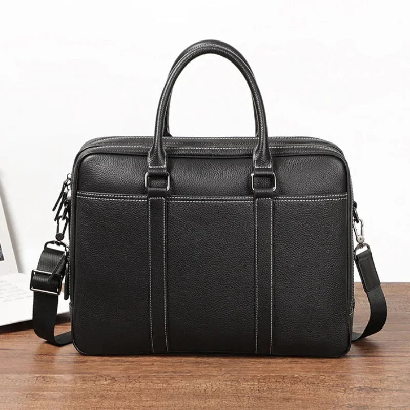 Men’s Double-Zip Leather Briefcase - Black Pebbled Cowhide with Document Section