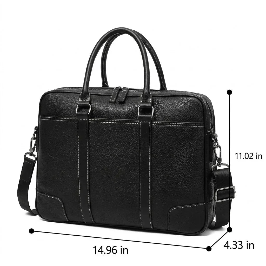 Men’s Double-Zip Leather Briefcase - Black Pebbled Cowhide with Document Section