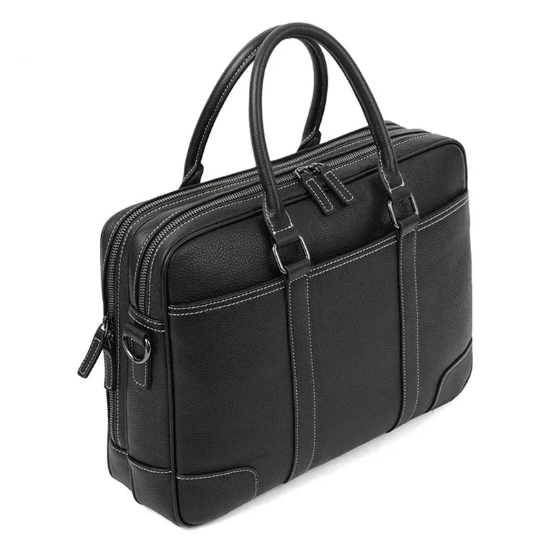 Men’s Double-Zip Leather Briefcase - Black Pebbled Cowhide with Document Section