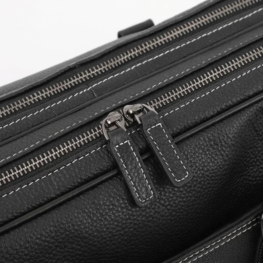 Men’s Double-Zip Leather Briefcase - Black Pebbled Cowhide with Document Section