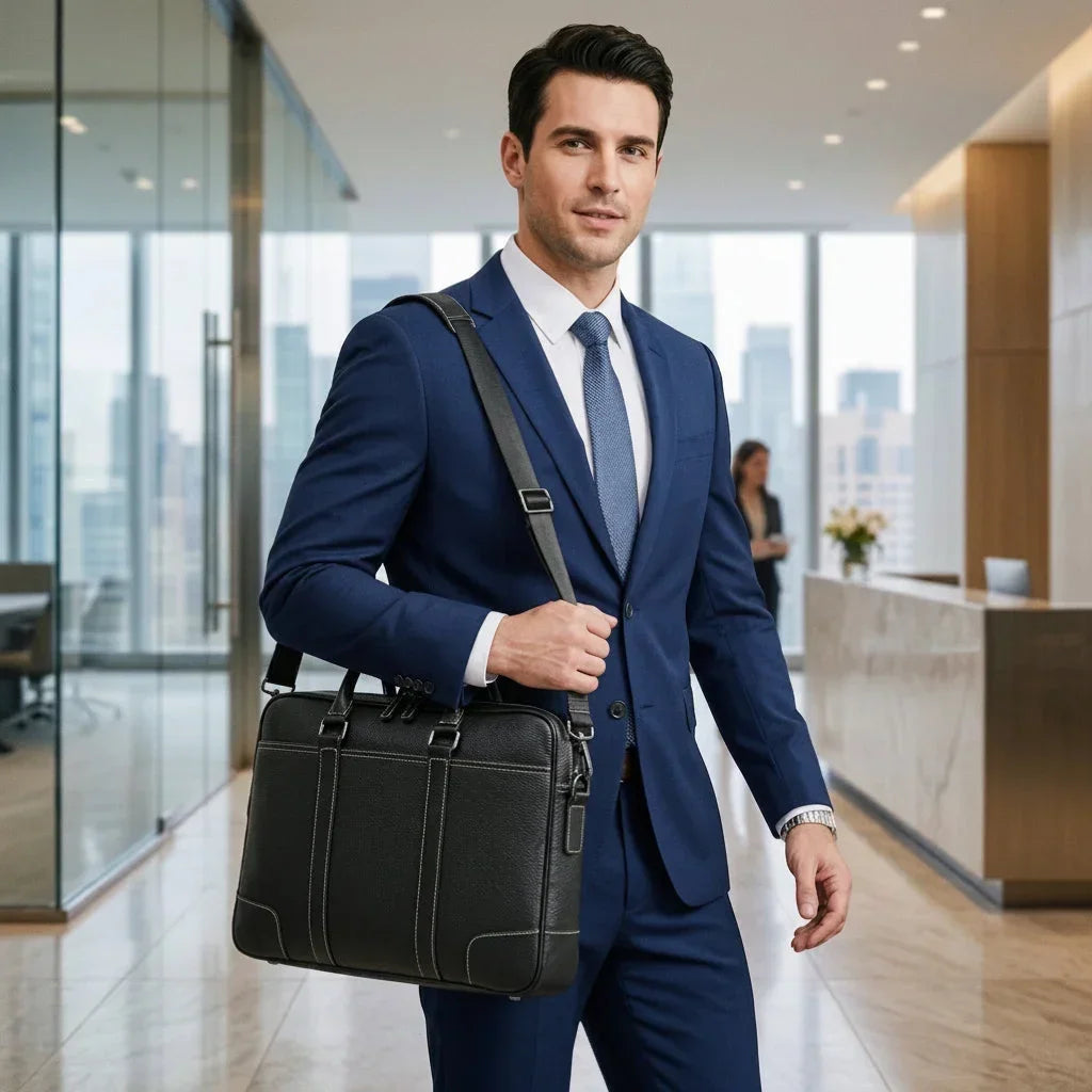 Men’s Double-Zip Leather Briefcase - Black Pebbled Cowhide with Document Section
