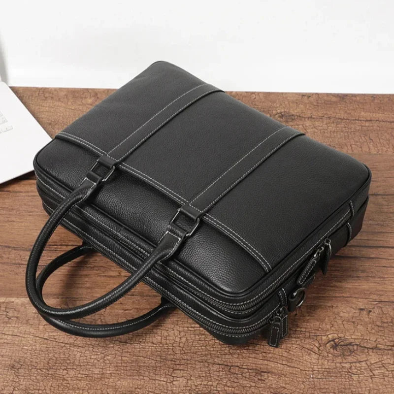 Men’s Double-Zip Leather Briefcase - Black Pebbled Cowhide with Document Section