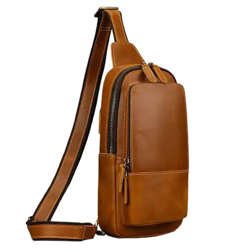 Men’s Full Grain Leather Sling Bag – Crazy Horse One Strap Pack - Brown