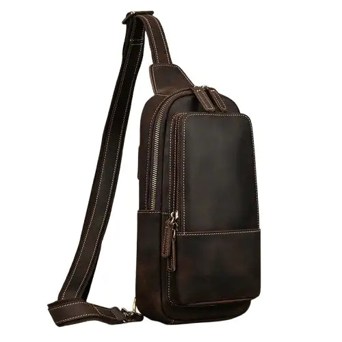 Men’s Full Grain Leather Sling Bag – Crazy Horse One Strap Pack - Dark brown