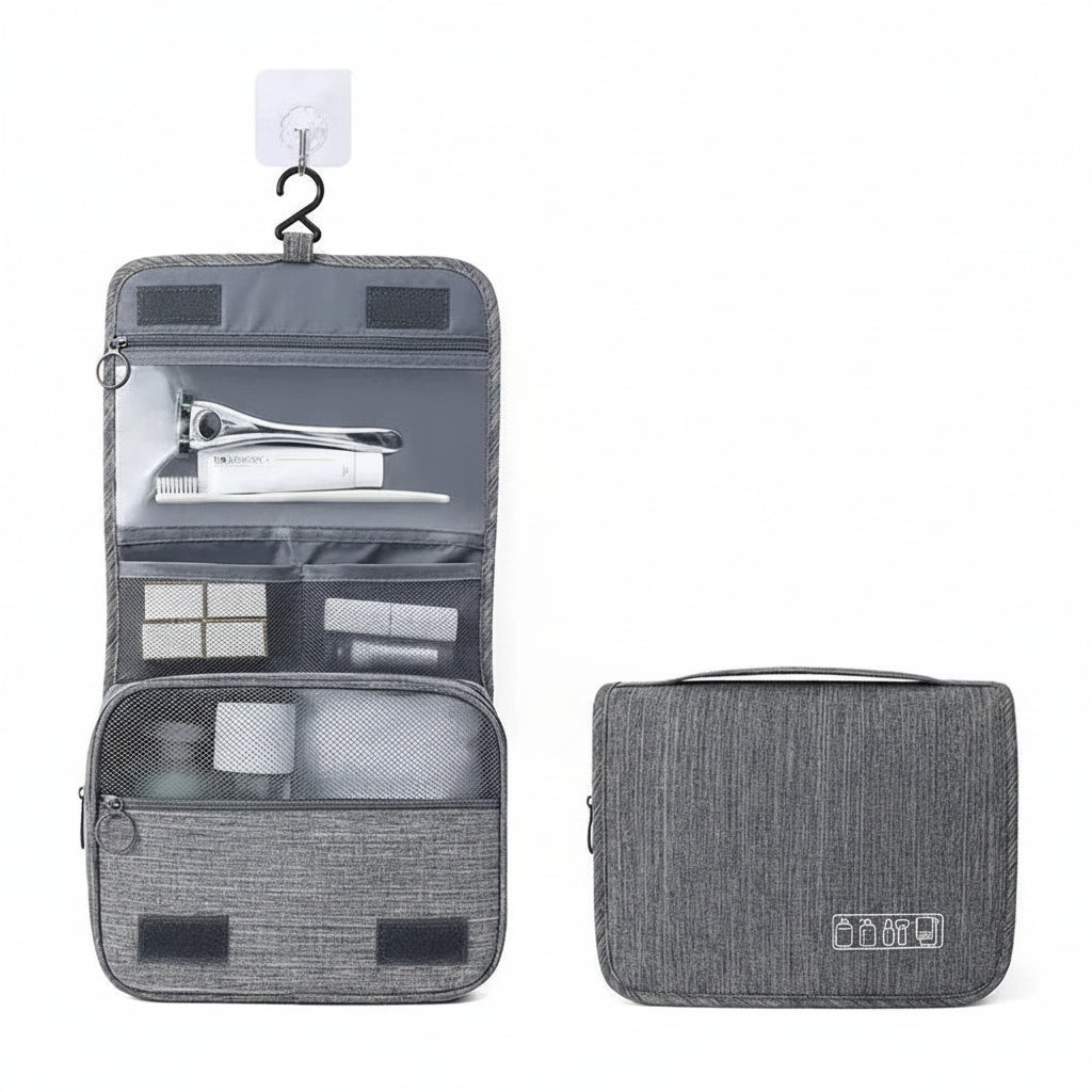 Men’s Hanging Toiletry Bag - 2-Piece Travel Organizer Set - Gray