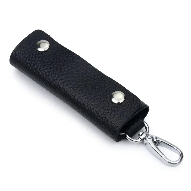 Men’s Leather Key Holder Pouch - Snap Closure with Clip - Black