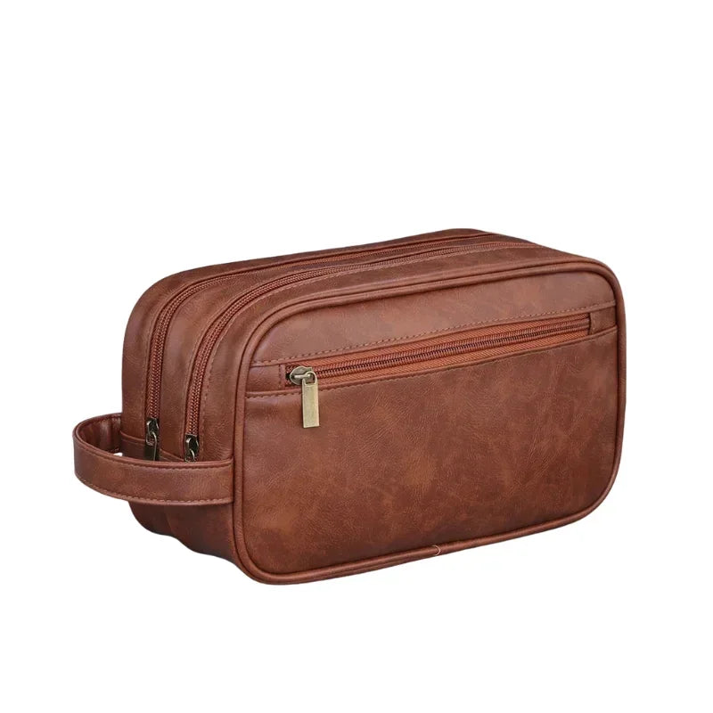 Men’s Large Toiletry Bag - Vegan Leather 3-Compartment Travel Case - Light Brown