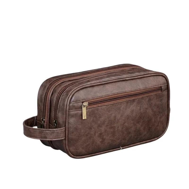 Men’s Large Toiletry Bag - Vegan Leather 3-Compartment Travel Case - Dark Brown