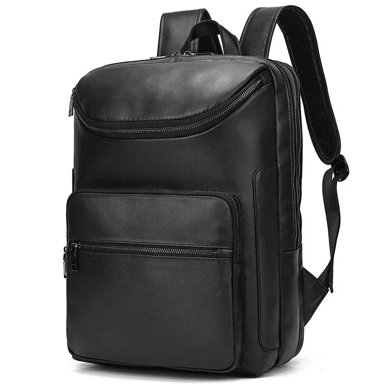 Men’s Leather Backpack - Front-Pocket 15’’ Laptop Bag - Black