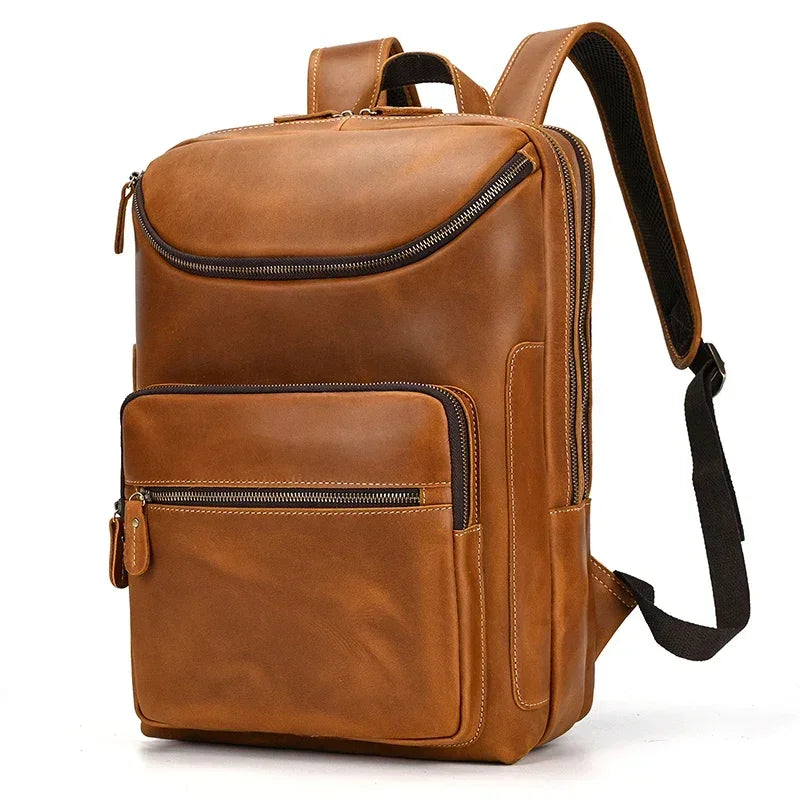Men’s Leather Backpack - Front-Pocket 15’’ Laptop Bag - Light brown