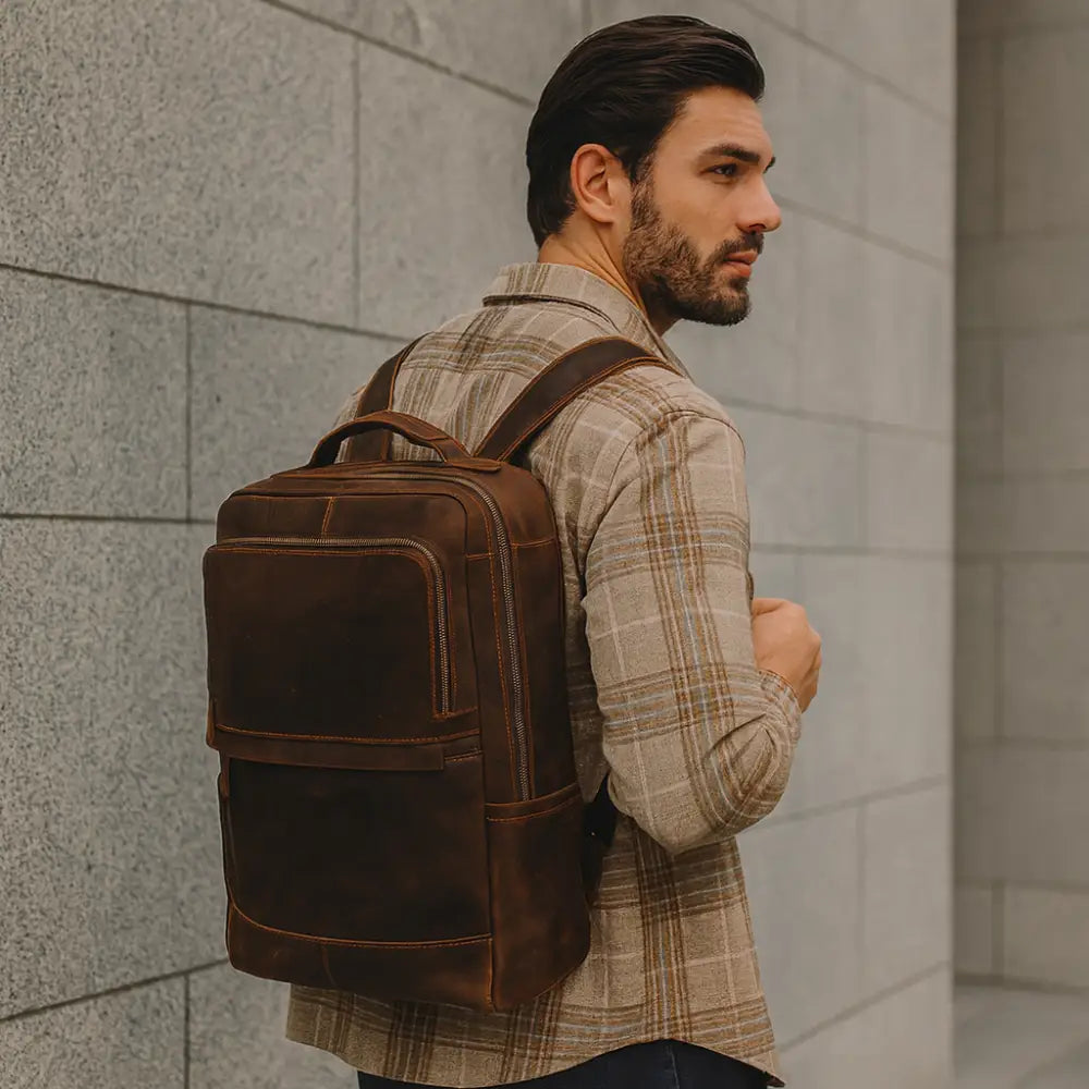 Men’s Leather Backpack – Structured 15.6’’ Laptop Work Bag - Leather Backpack