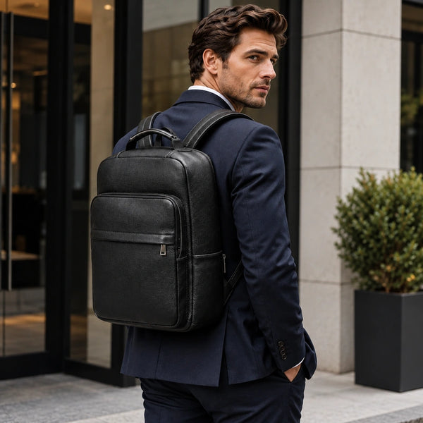 Men's Leather Backpack - Structured Black 15" Laptop Bag