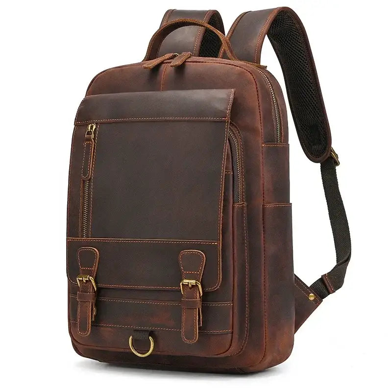 Men’s Leather Backpack – Vintage Multi-Compartment Work Bag - Brown