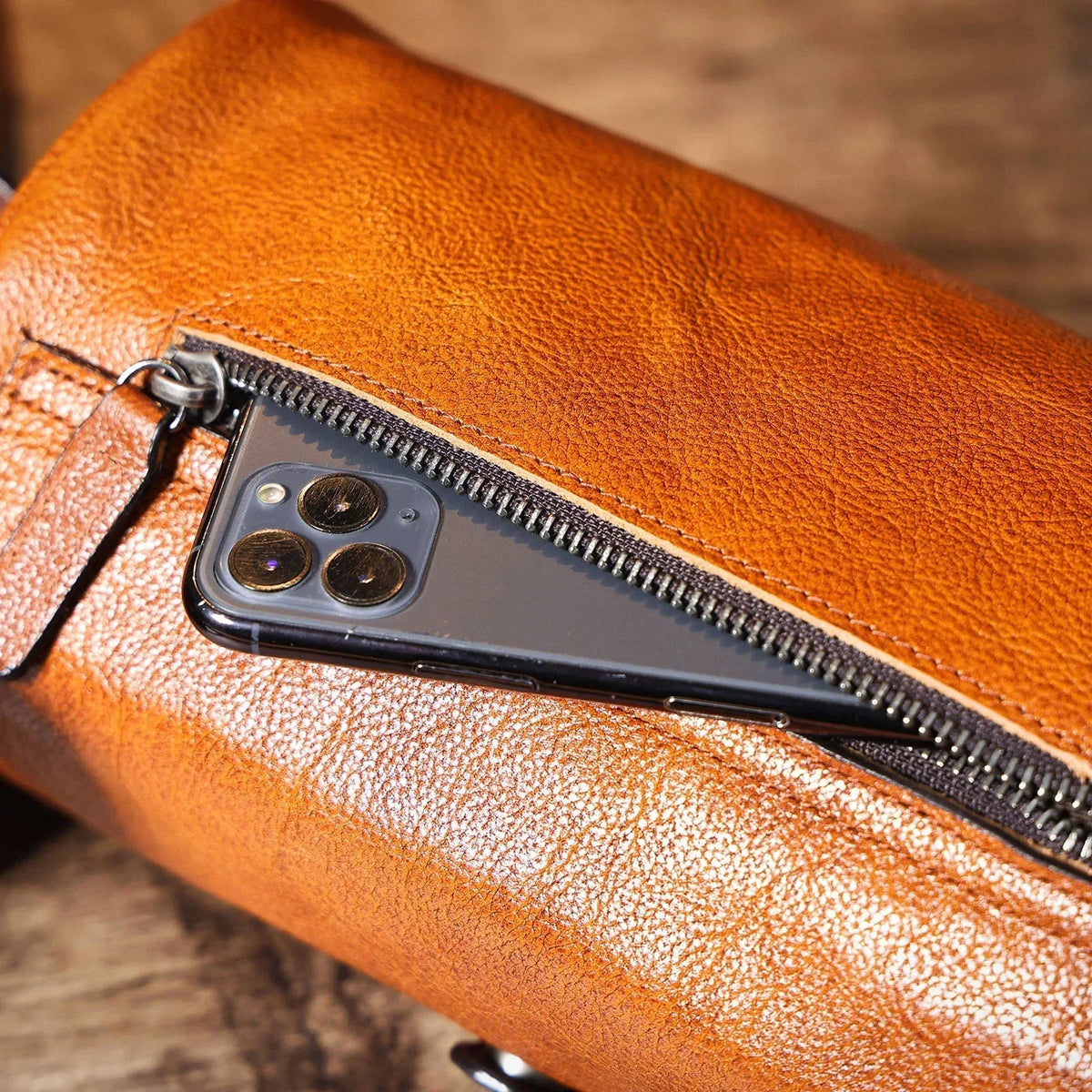 Men’s Leather Barrel Bag - Mini Cylinder Crossbody with Flap